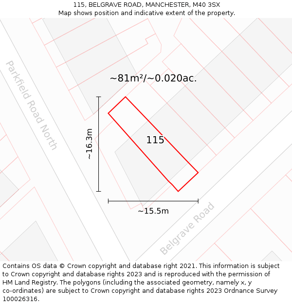 115, BELGRAVE ROAD, MANCHESTER, M40 3SX: Plot and title map