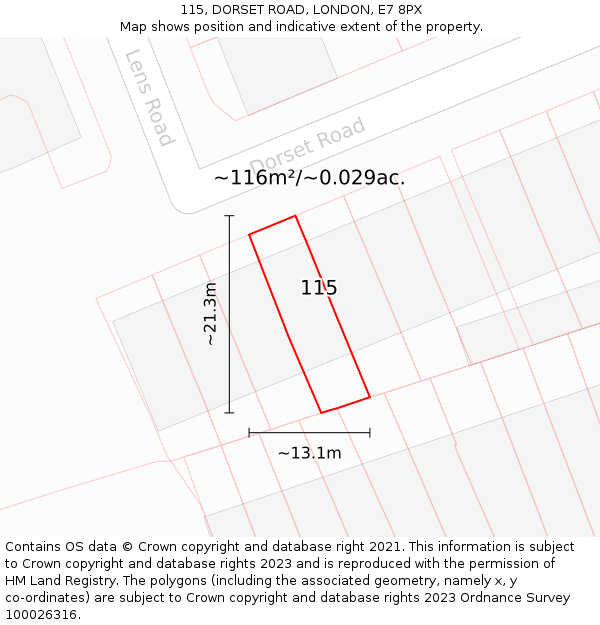 115, DORSET ROAD, LONDON, E7 8PX: Plot and title map