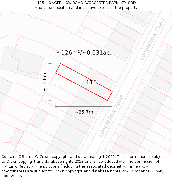 115, LONGFELLOW ROAD, WORCESTER PARK, KT4 8BD: Plot and title map