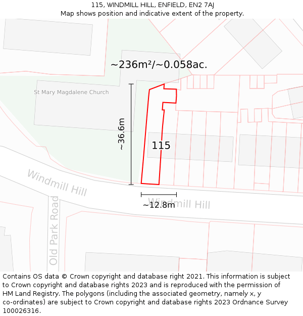 115, WINDMILL HILL, ENFIELD, EN2 7AJ: Plot and title map