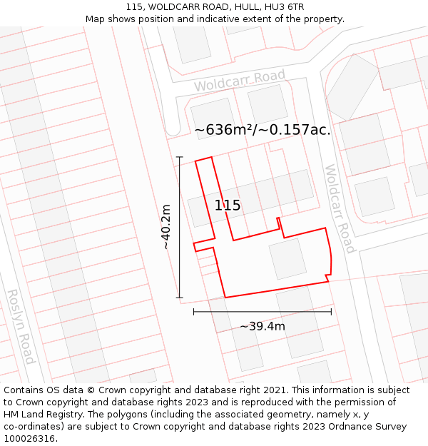 115, WOLDCARR ROAD, HULL, HU3 6TR: Plot and title map