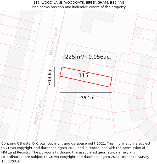 115, WOOD LANE, WOODGATE, BIRMINGHAM, B32 4AG: Plot and title map