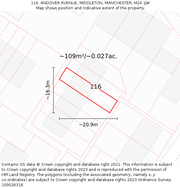 116, ANDOVER AVENUE, MIDDLETON, MANCHESTER, M24 1JW: Plot and title map