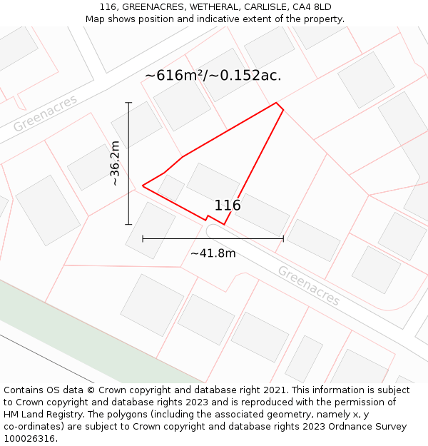 116, GREENACRES, WETHERAL, CARLISLE, CA4 8LD: Plot and title map