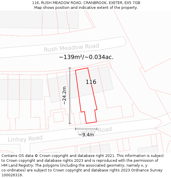 116, RUSH MEADOW ROAD, CRANBROOK, EXETER, EX5 7GB: Plot and title map