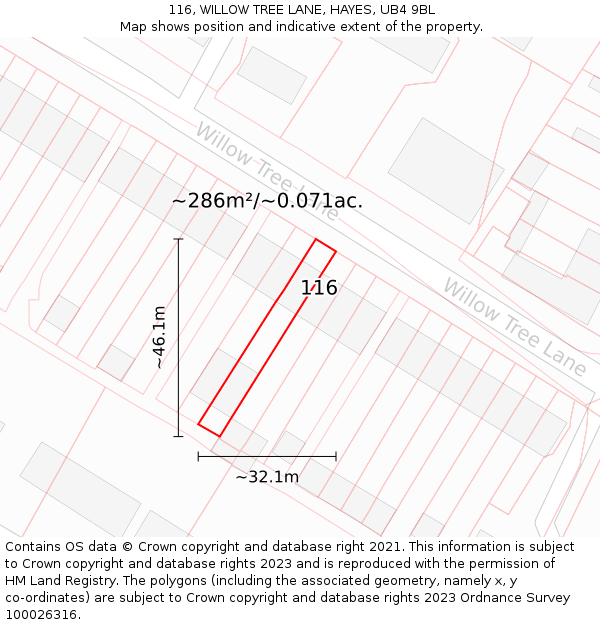 116, WILLOW TREE LANE, HAYES, UB4 9BL: Plot and title map