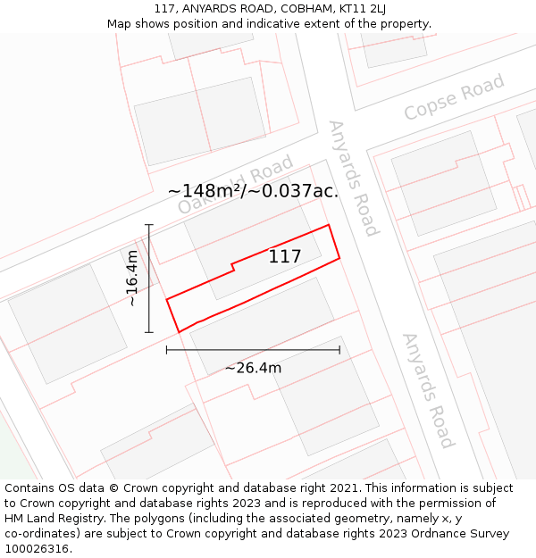 117, ANYARDS ROAD, COBHAM, KT11 2LJ: Plot and title map