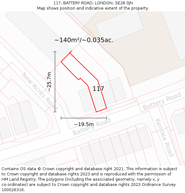 117, BATTERY ROAD, LONDON, SE28 0JN: Plot and title map