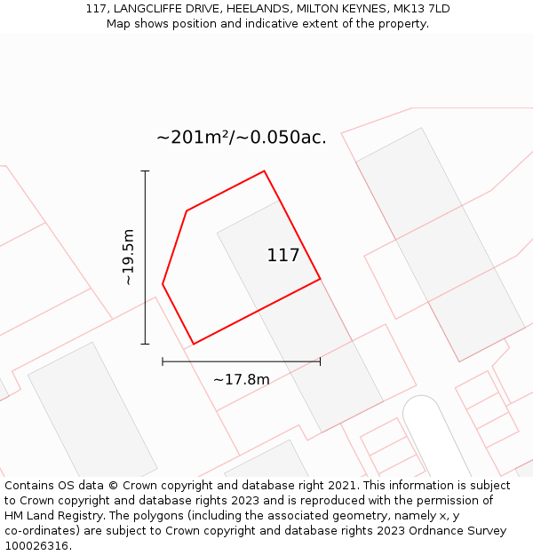 117, LANGCLIFFE DRIVE, HEELANDS, MILTON KEYNES, MK13 7LD: Plot and title map
