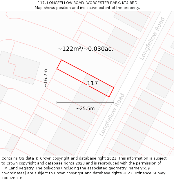 117, LONGFELLOW ROAD, WORCESTER PARK, KT4 8BD: Plot and title map
