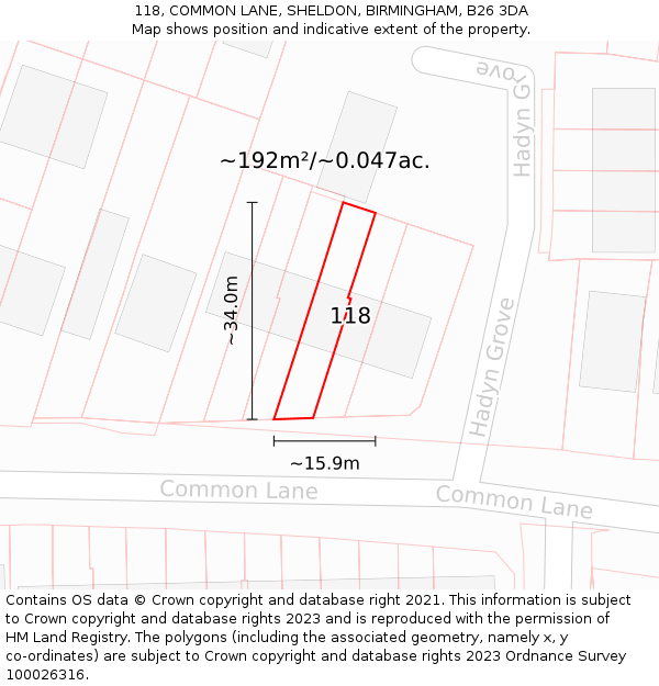 118, COMMON LANE, SHELDON, BIRMINGHAM, B26 3DA: Plot and title map