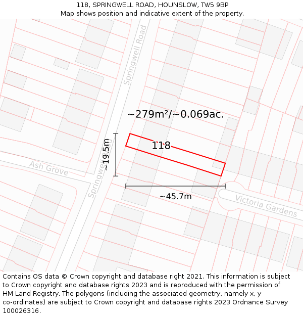 118, SPRINGWELL ROAD, HOUNSLOW, TW5 9BP: Plot and title map