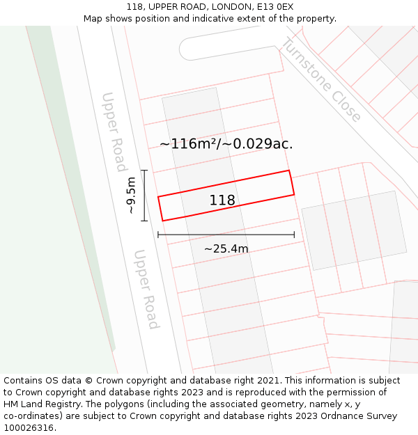 118, UPPER ROAD, LONDON, E13 0EX: Plot and title map