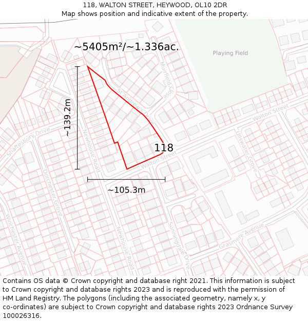 118, WALTON STREET, HEYWOOD, OL10 2DR: Plot and title map