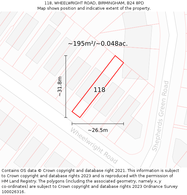 118, WHEELWRIGHT ROAD, BIRMINGHAM, B24 8PD: Plot and title map