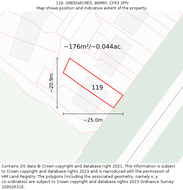 119, GREENACRES, BARRY, CF63 2PN: Plot and title map