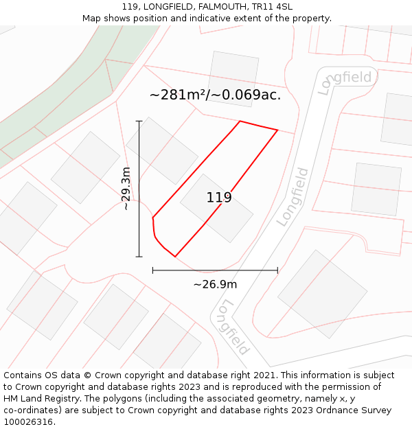 119, LONGFIELD, FALMOUTH, TR11 4SL: Plot and title map