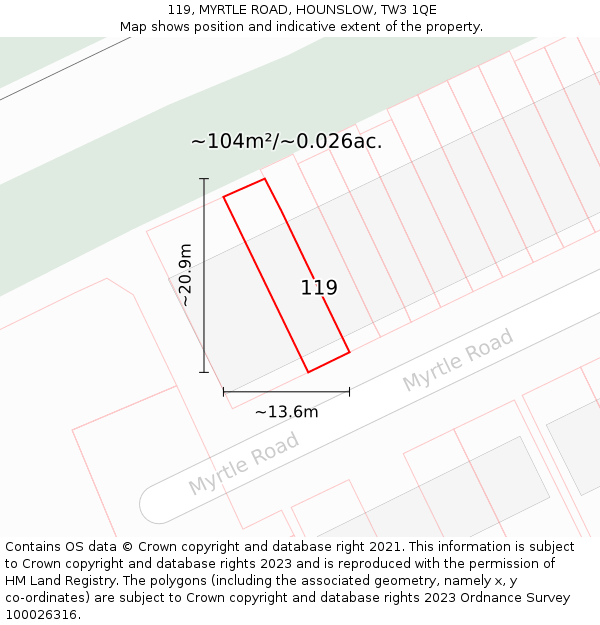 119, MYRTLE ROAD, HOUNSLOW, TW3 1QE: Plot and title map