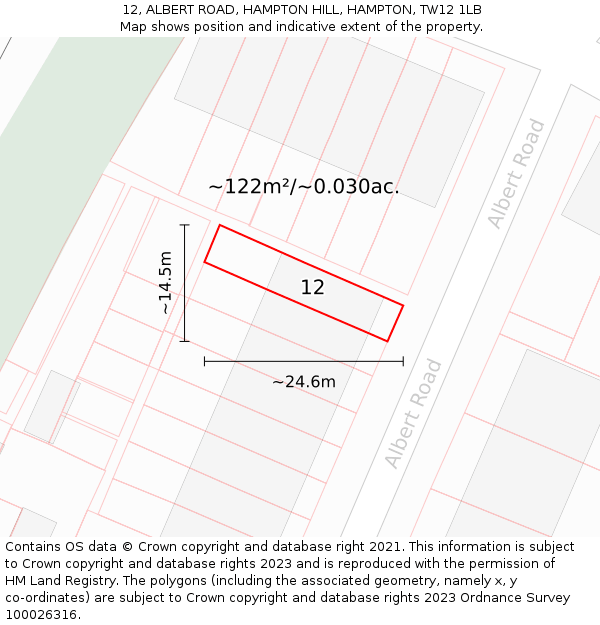 12, ALBERT ROAD, HAMPTON HILL, HAMPTON, TW12 1LB: Plot and title map