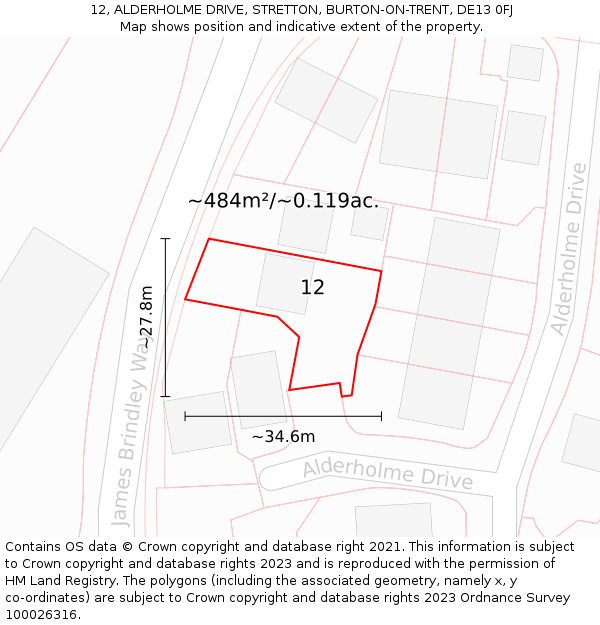 12, ALDERHOLME DRIVE, STRETTON, BURTON-ON-TRENT, DE13 0FJ: Plot and title map
