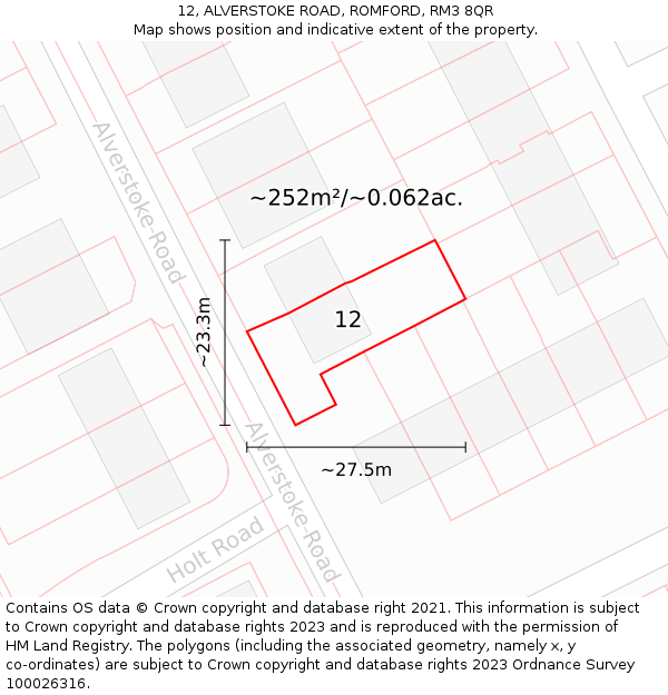 12, ALVERSTOKE ROAD, ROMFORD, RM3 8QR: Plot and title map