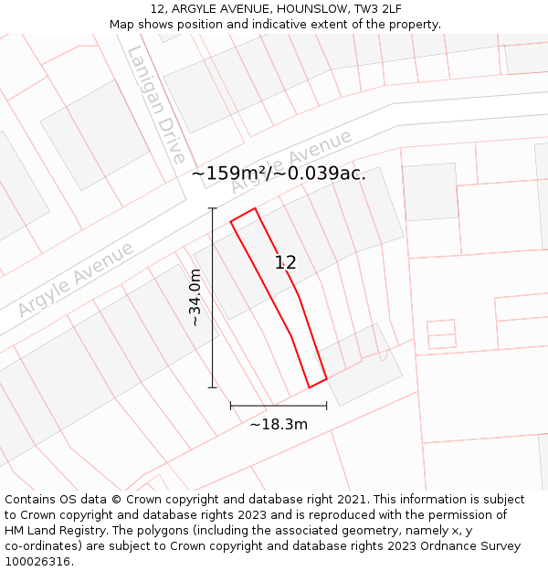 12, ARGYLE AVENUE, HOUNSLOW, TW3 2LF: Plot and title map