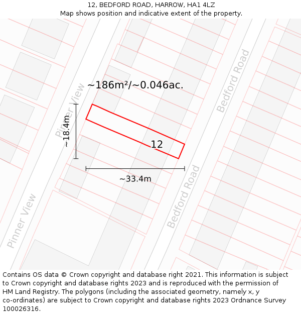 12, BEDFORD ROAD, HARROW, HA1 4LZ: Plot and title map