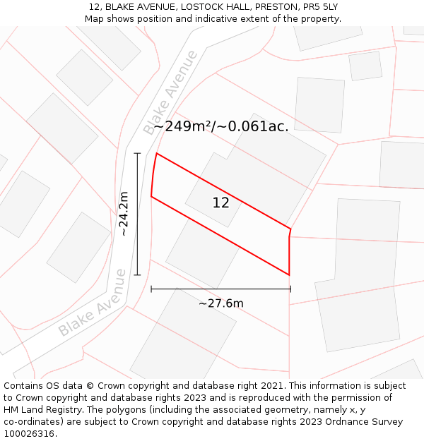 12, BLAKE AVENUE, LOSTOCK HALL, PRESTON, PR5 5LY: Plot and title map