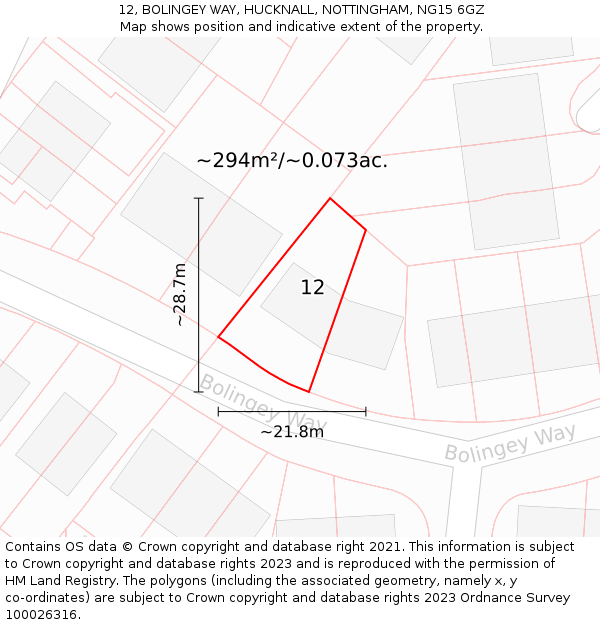 12, BOLINGEY WAY, HUCKNALL, NOTTINGHAM, NG15 6GZ: Plot and title map