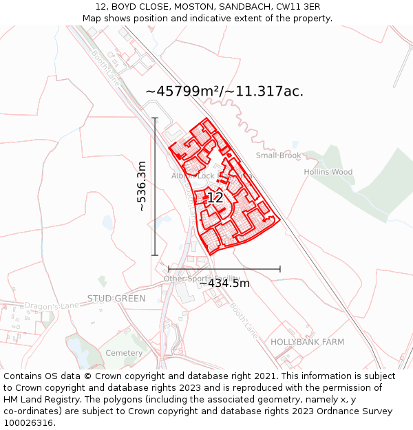 12, BOYD CLOSE, MOSTON, SANDBACH, CW11 3ER: Plot and title map