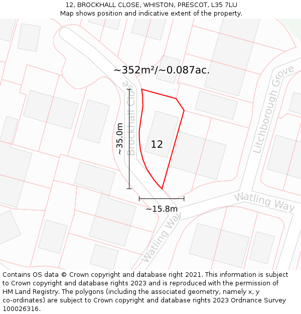 12, BROCKHALL CLOSE, WHISTON, PRESCOT, L35 7LU: Plot and title map