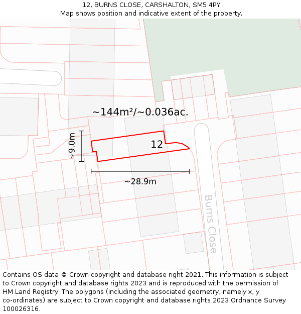 12, BURNS CLOSE, CARSHALTON, SM5 4PY: Plot and title map