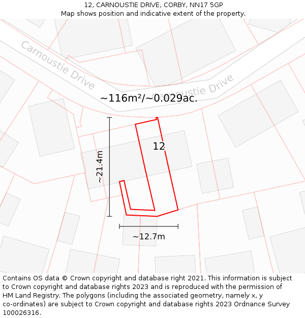 12, CARNOUSTIE DRIVE, CORBY, NN17 5GP: Plot and title map