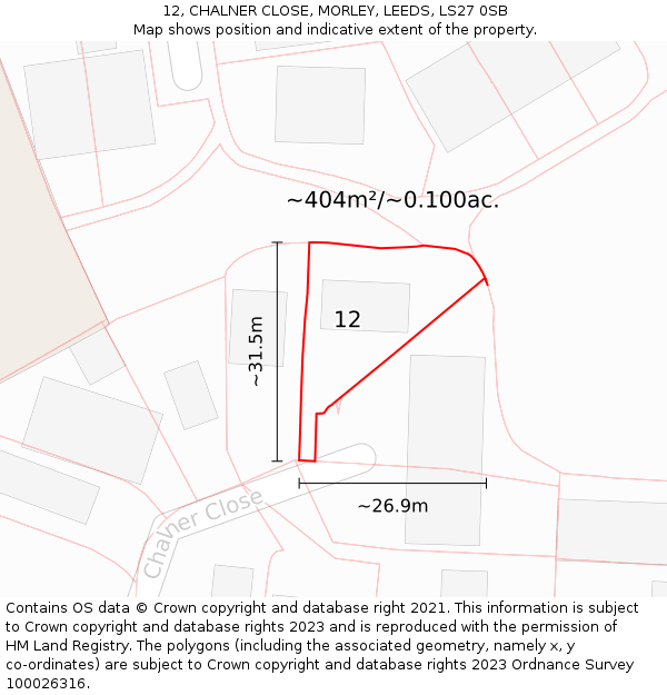 12, CHALNER CLOSE, MORLEY, LEEDS, LS27 0SB: Plot and title map