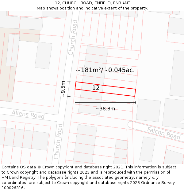 12, CHURCH ROAD, ENFIELD, EN3 4NT: Plot and title map