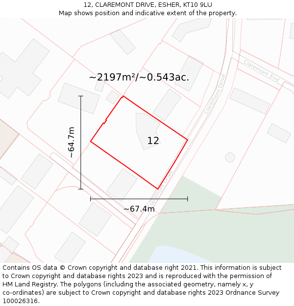 12, CLAREMONT DRIVE, ESHER, KT10 9LU: Plot and title map
