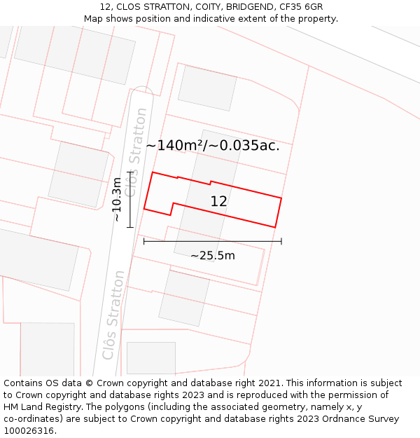 12, CLOS STRATTON, COITY, BRIDGEND, CF35 6GR: Plot and title map