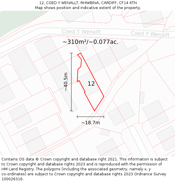 12, COED Y WENALLT, RHIWBINA, CARDIFF, CF14 6TN: Plot and title map