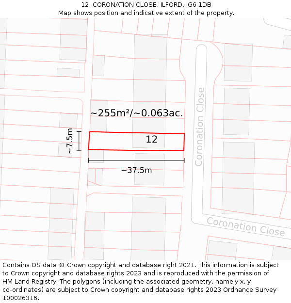 12, CORONATION CLOSE, ILFORD, IG6 1DB: Plot and title map