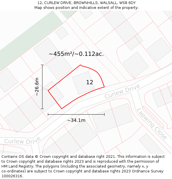12, CURLEW DRIVE, BROWNHILLS, WALSALL, WS8 6DY: Plot and title map