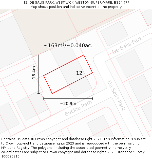 12, DE SALIS PARK, WEST WICK, WESTON-SUPER-MARE, BS24 7FP: Plot and title map