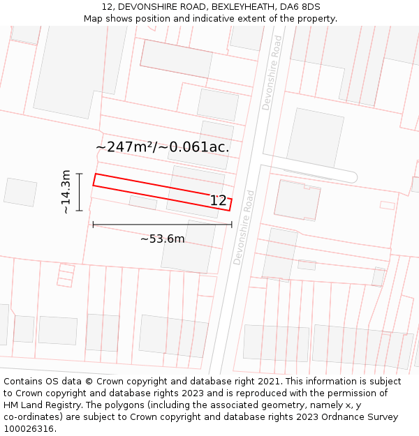 12, DEVONSHIRE ROAD, BEXLEYHEATH, DA6 8DS: Plot and title map