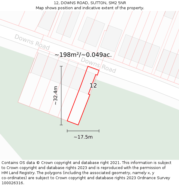12, DOWNS ROAD, SUTTON, SM2 5NR: Plot and title map
