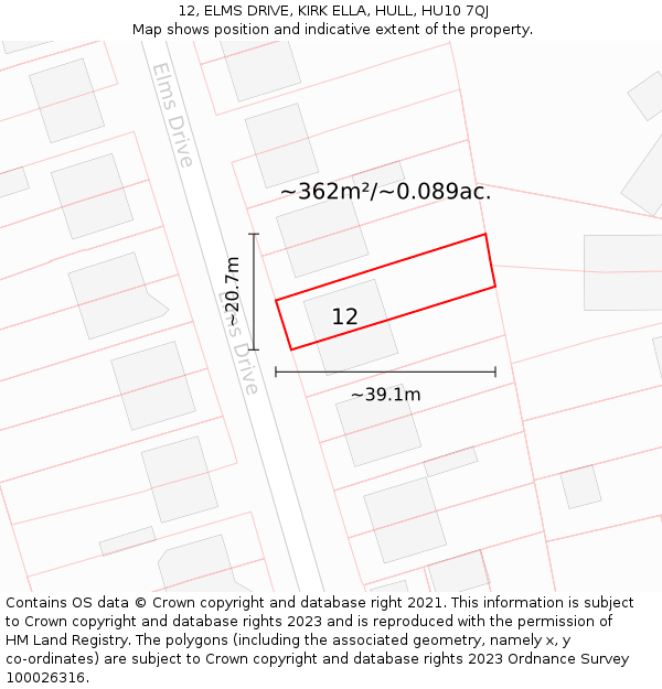 12, ELMS DRIVE, KIRK ELLA, HULL, HU10 7QJ: Plot and title map