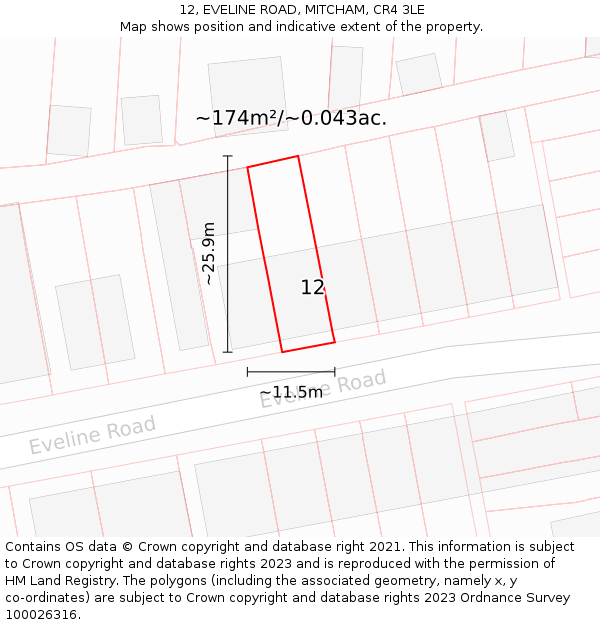 12, EVELINE ROAD, MITCHAM, CR4 3LE: Plot and title map