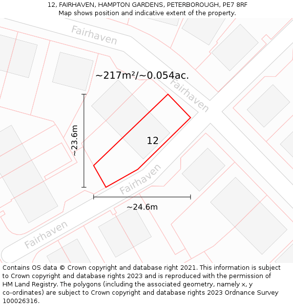 12, FAIRHAVEN, HAMPTON GARDENS, PETERBOROUGH, PE7 8RF: Plot and title map