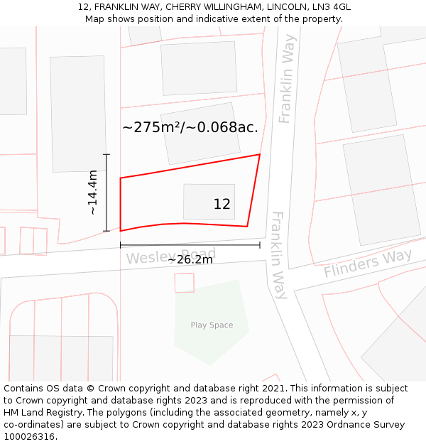 12, FRANKLIN WAY, CHERRY WILLINGHAM, LINCOLN, LN3 4GL: Plot and title map