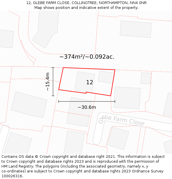 12, GLEBE FARM CLOSE, COLLINGTREE, NORTHAMPTON, NN4 0NR: Plot and title map