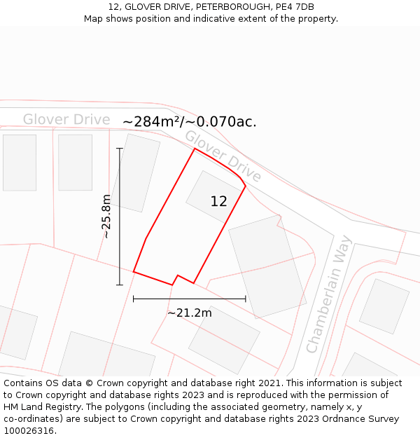 12, GLOVER DRIVE, PETERBOROUGH, PE4 7DB: Plot and title map