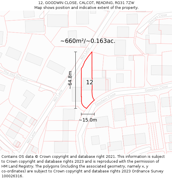 12, GOODWIN CLOSE, CALCOT, READING, RG31 7ZW: Plot and title map